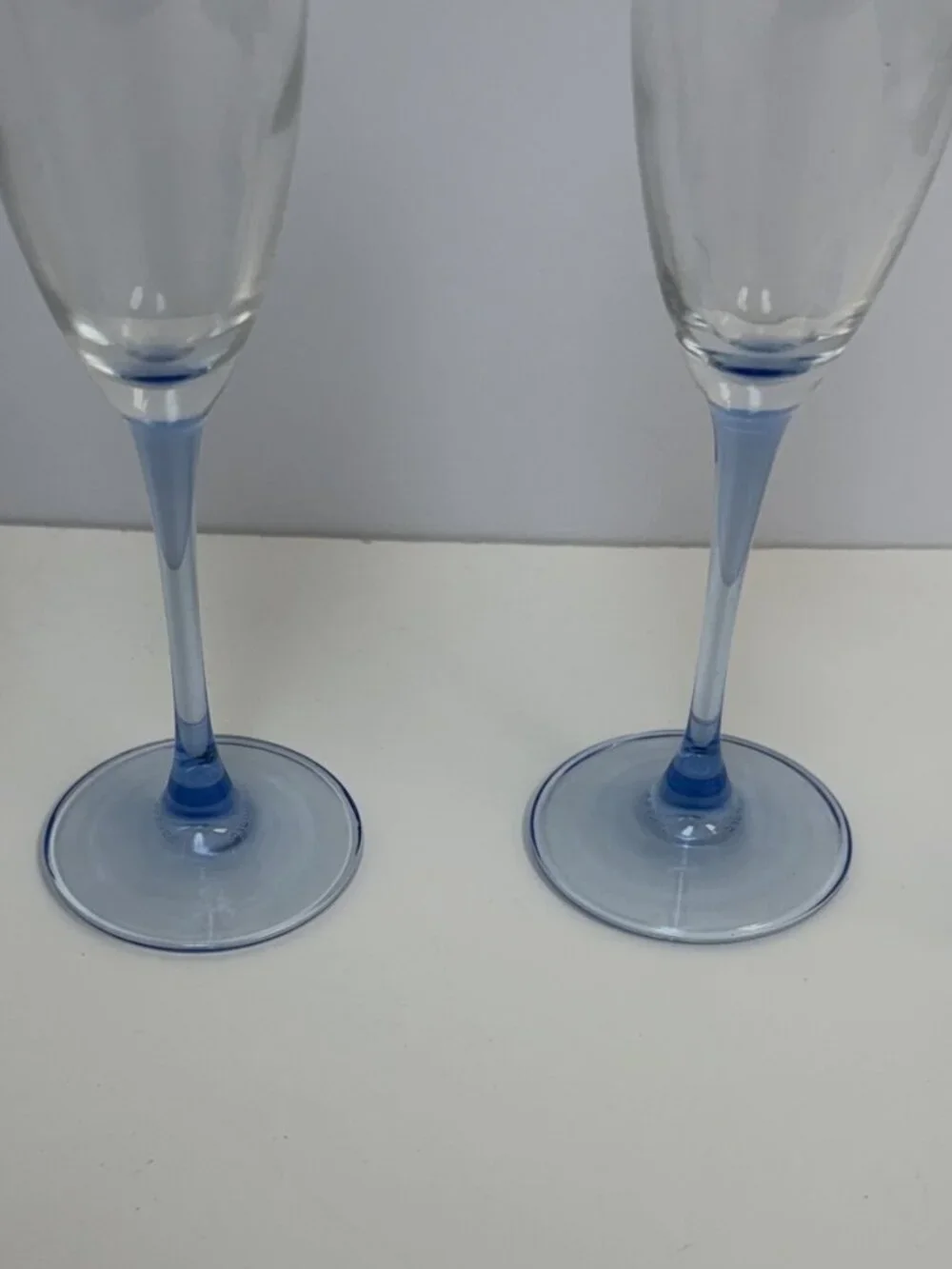 CHAMPAGNE FLUTES -- Light Blue Stems & Blue Footed Bases, Set of 4, Vintage